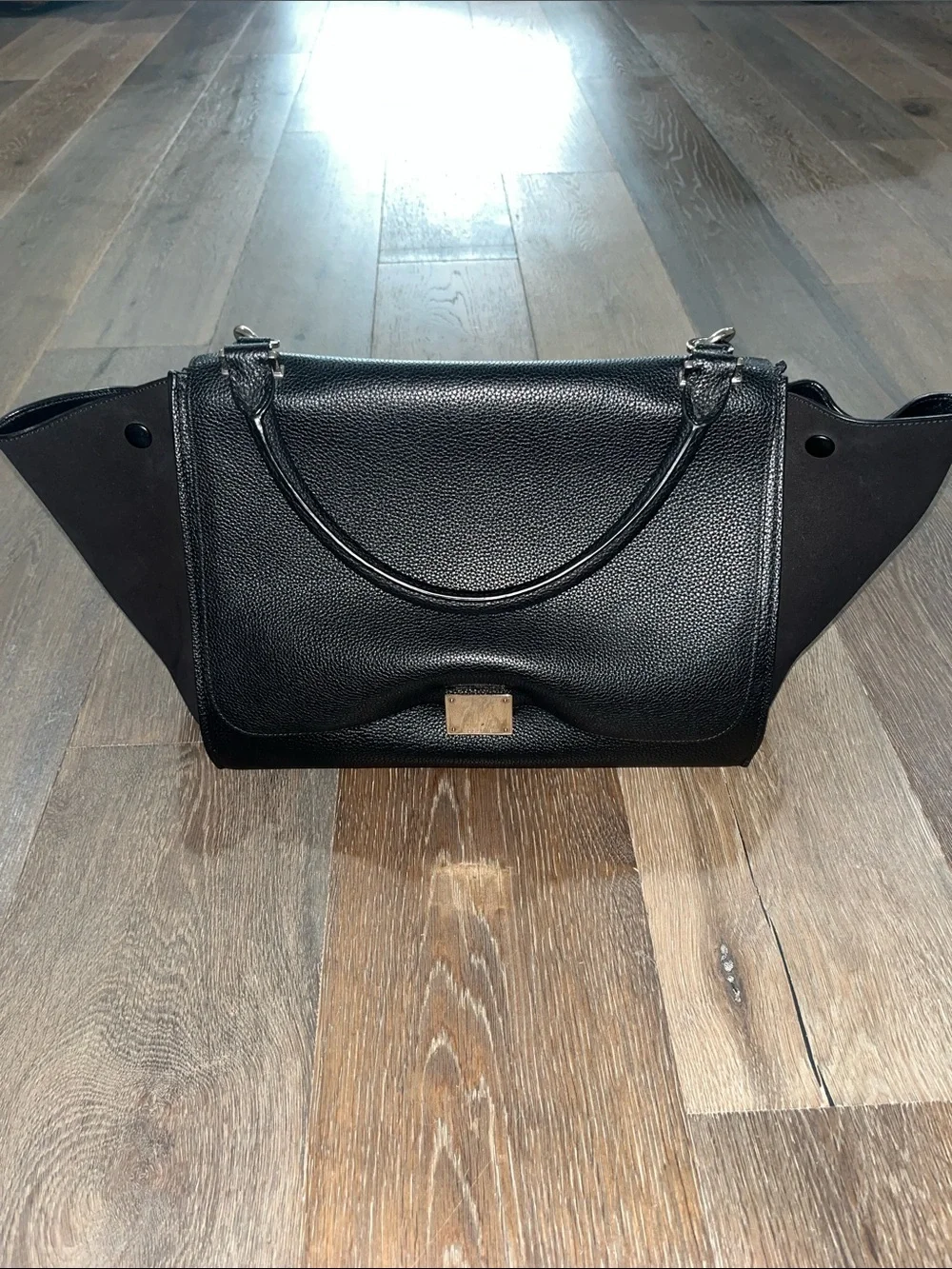 Celine Black Leather Winged Tote with Gold Plaque
